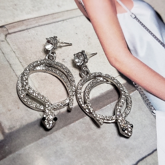 Silver Serpent Coiled Earrings Cubic Zirconia - Picture 6 of 9